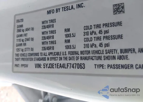 2020 Tesla Model 3 из США, поврежденный, VIN 5YJ3E1EA4LF747063